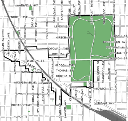 Division/Homan TIF district, roughly bounded on the north by North Avenue, Chicago Avenue on the south, California Avenue on the east, and Hamlin Avenue on the west.